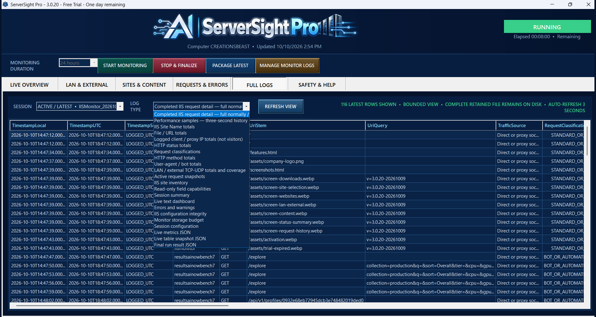 Full Logs view with completed IIS request records, a log-type selector for retained reports and diagnostics, session selection, and a bounded table preview.
