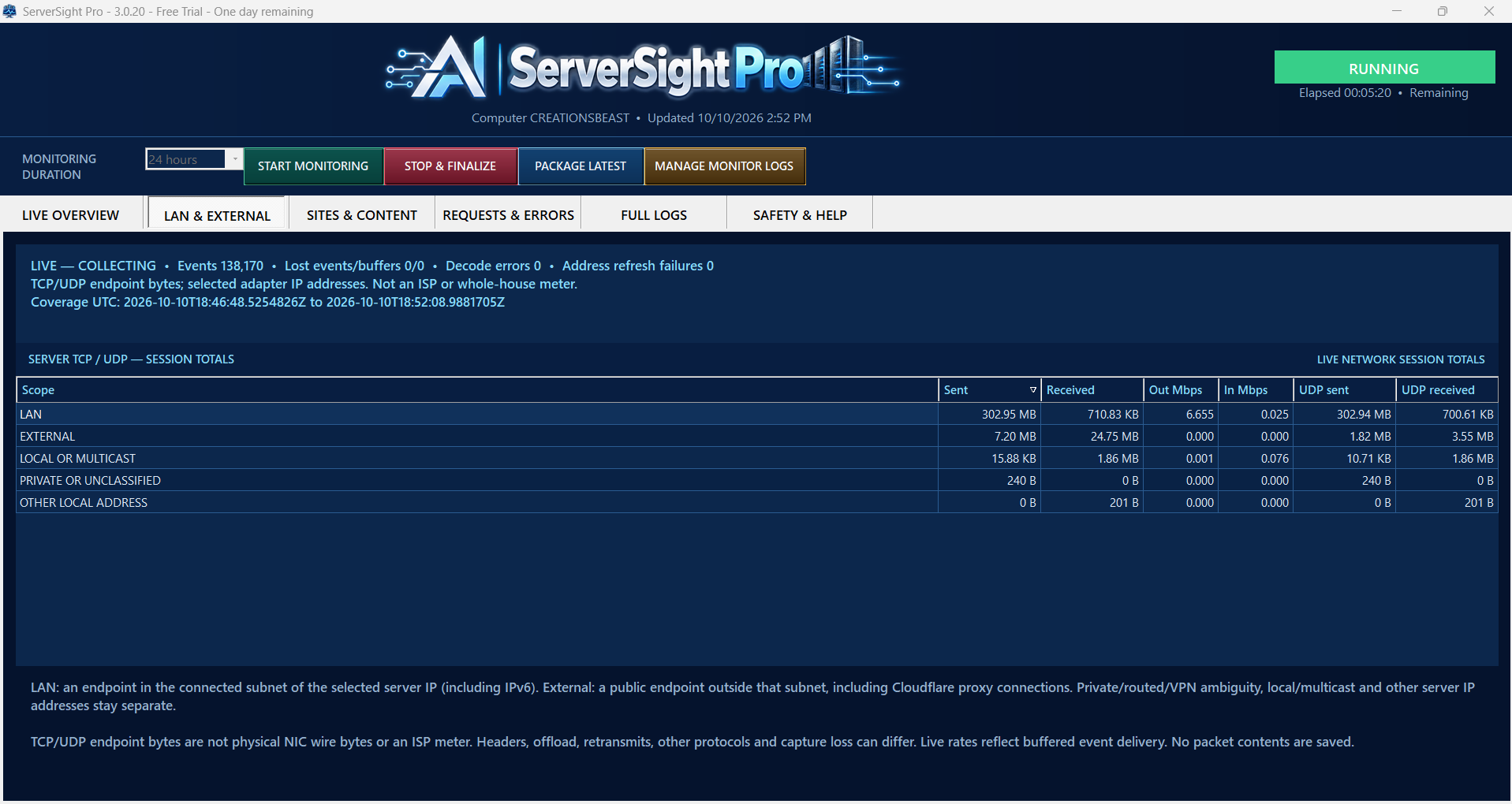 Live server TCP/UDP session totals across LAN, external, local/multicast, private/unclassified and other local addresses, with observed-events/coverage information and measurement-scope explanations.