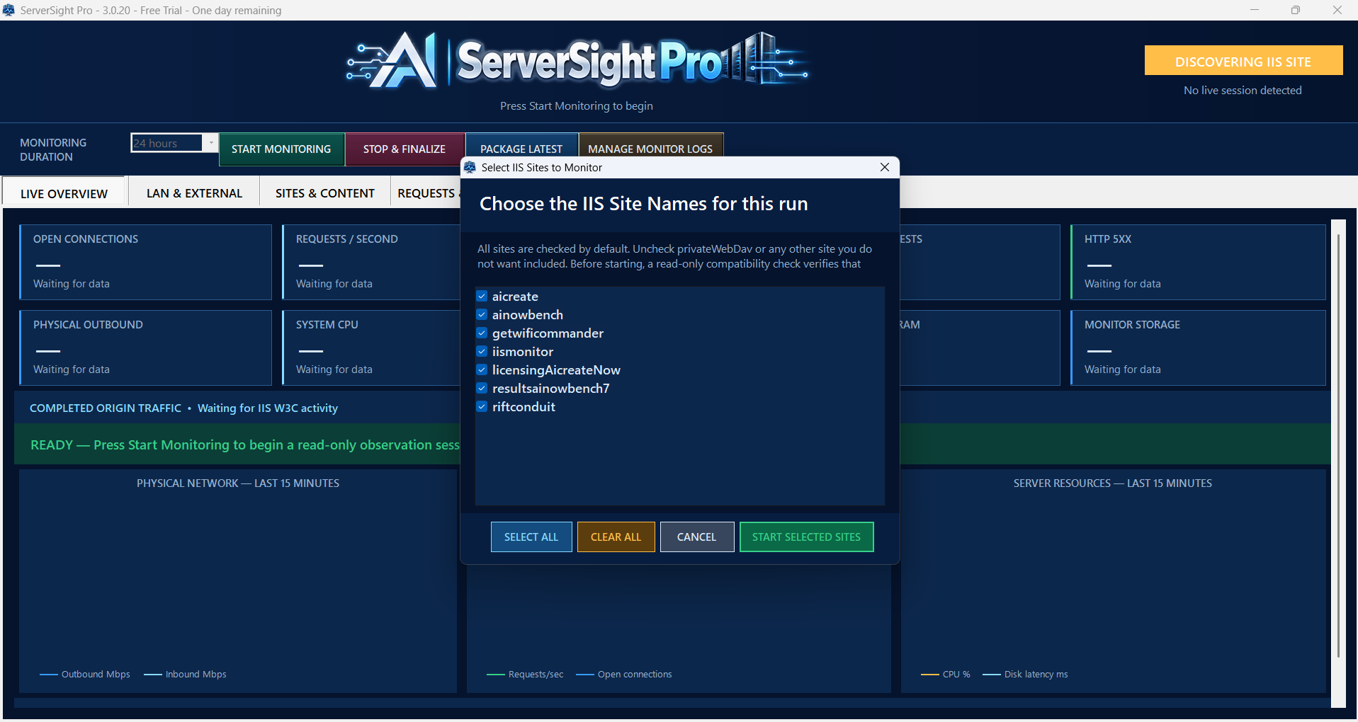 Pre-start site selection dialog with selected IIS sites, Select All, Clear All, Cancel, and Start Selected Sites, over the initial dashboard.