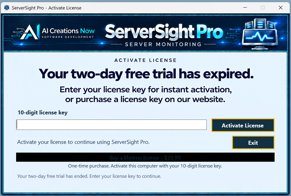 ServerSight Pro expired-trial preview with a 10-digit key field, Activate License and Exit buttons, and the lifetime purchase link.